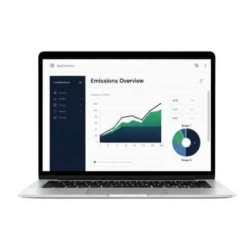 Laptop displaying NetScope carbon emissions dashboard with Scope 1/2/3 breakdown and sidebar navigation